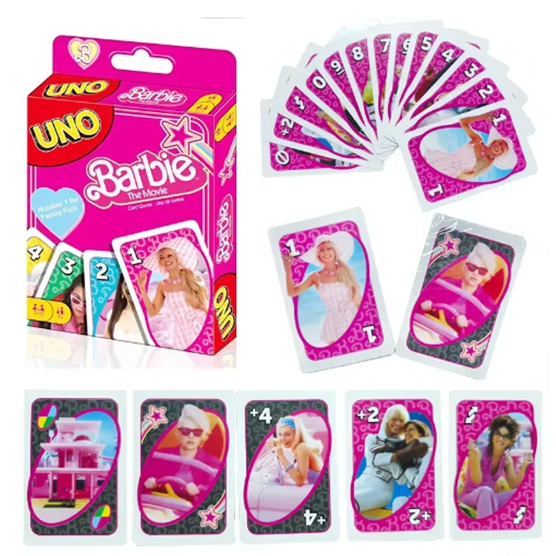 Mattel Games UNO Barbie DollCard Juego para la noche familiar con gráficos temáticos de programas de televisión y una regla especial para 2-10 jugadores