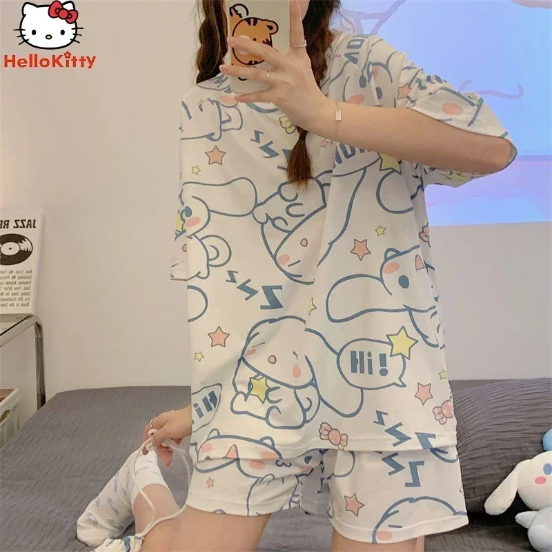 Kawaii Sanrio Anime Cinnamoroll Kuromi Pajamas Summer Simple Fashion Delicate Cute Casual Loose Comfortable Soft Girly Set Gift