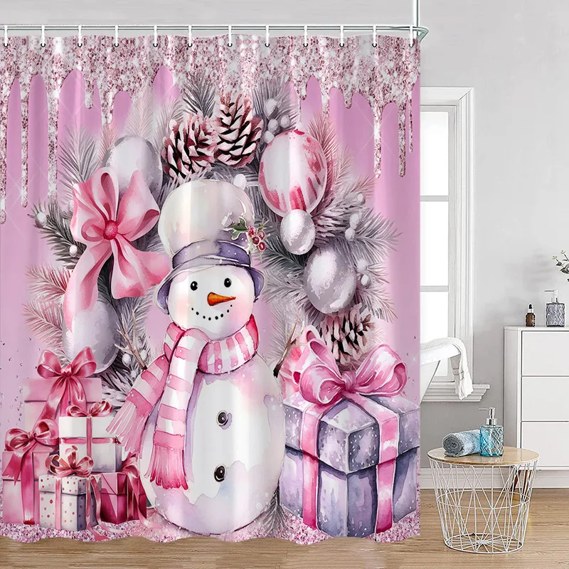 Pink Christmas Snowman Shower Curtains Winter Forest Watercolour Art Xmas New Year Home Bathroom Curtain Decoration With Hooks