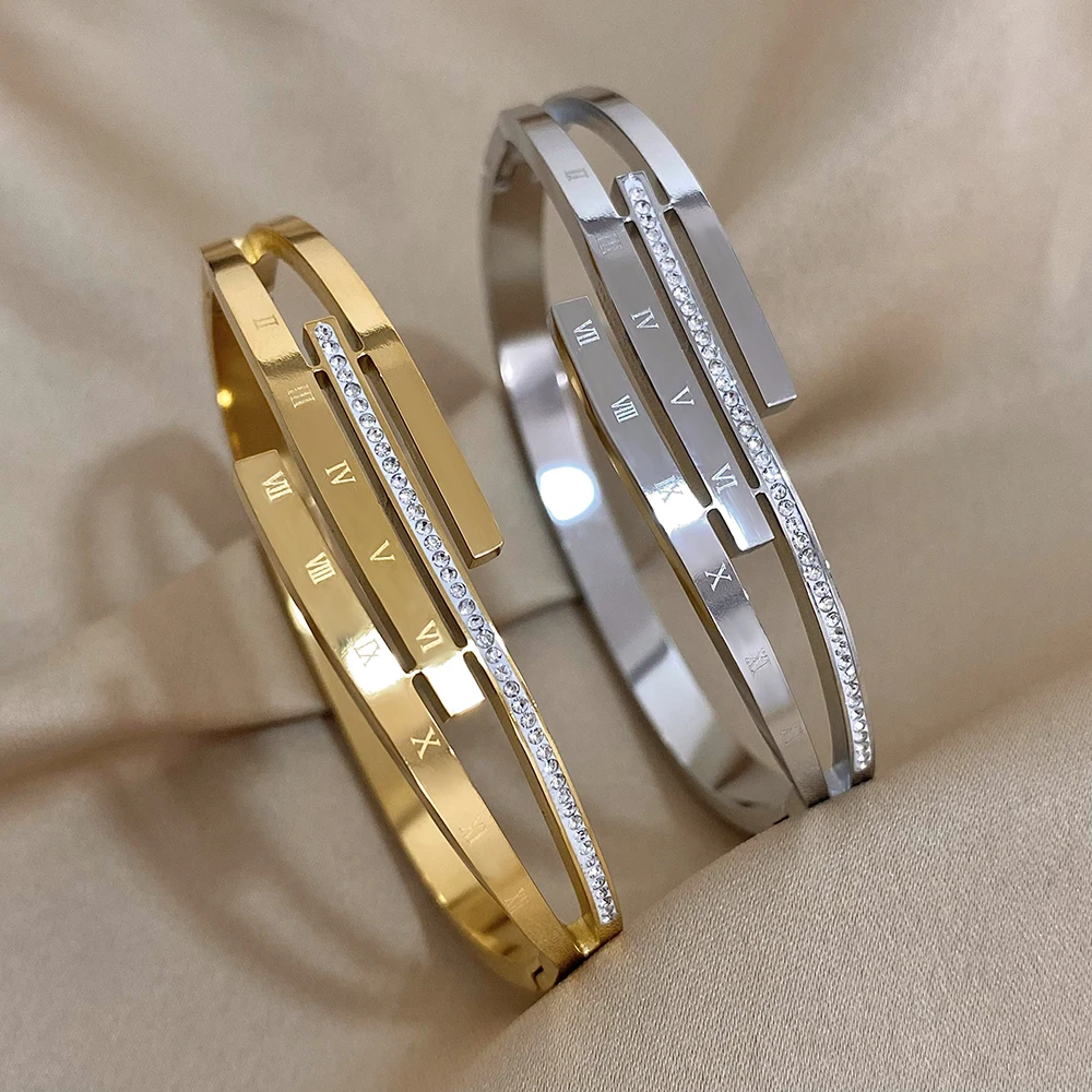 Schicke römische Ziffern Edelstahl Manschette Armreifen Armbänder für Frauen unregelmäßige geometrische Strass Armband wasserdicht Schmuck