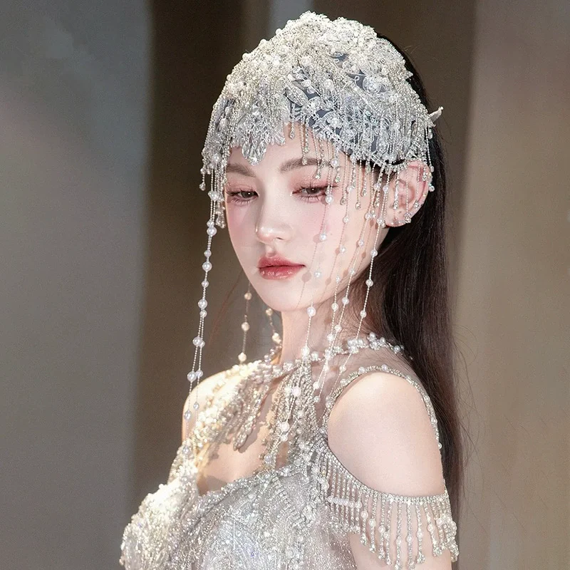 New Heavy Industry Embroidery Retro Bridal Headpiece Lace Beaded Tassel Headpiece Pendant