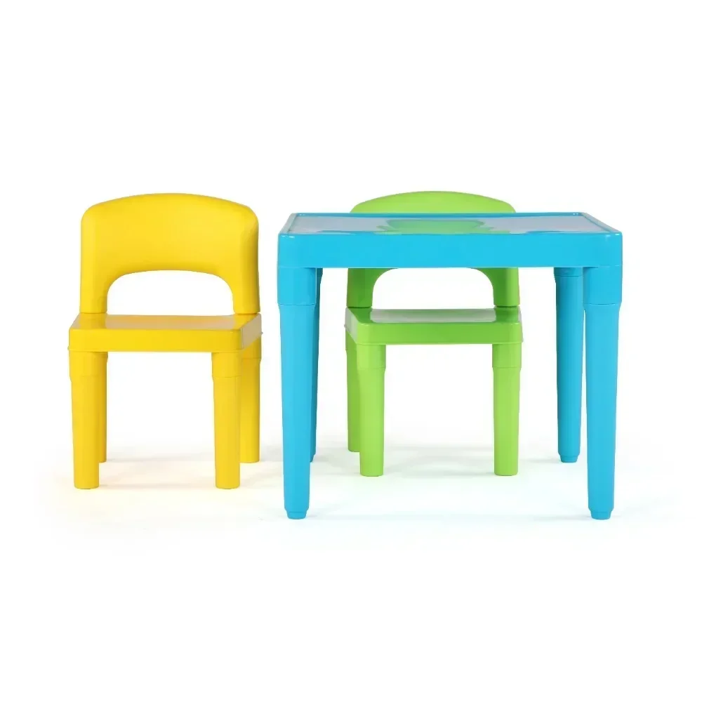 Mesa de plástico leve infantil e 2 cadeiras, quadrado, verde, amarelo