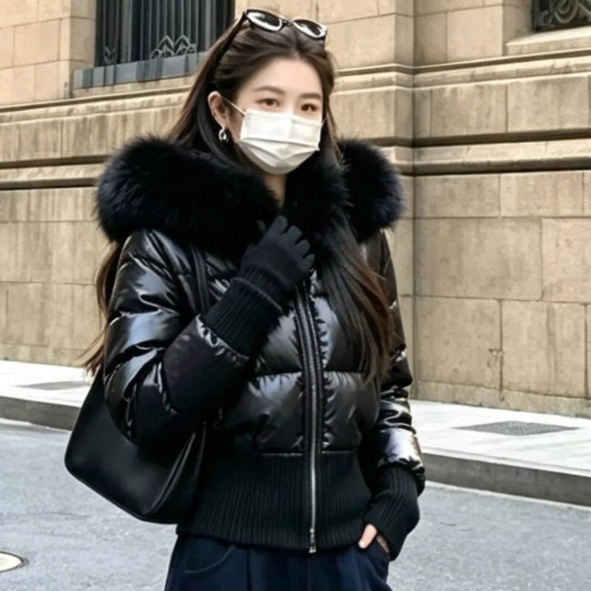 Korean Style Women's Waterproof Leather Surface Bread Coat Thick Cotton Padded Winter Outerwear Slim Fit Long Sleeve Zipper