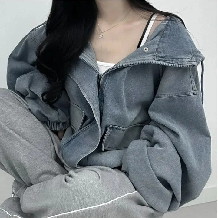 

Loose Fitted Hooded Casual Denim Jaet Korean Sle Women's Spring Autumn Winter Outerwear for School Street Travel Cam ...