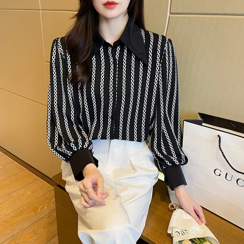 Fashion 2024 Spring New Chiffon Blouses Women\'s Striped Printed Contrast Color Polo Collar Button Loose Retro Long Sleeve Shirts