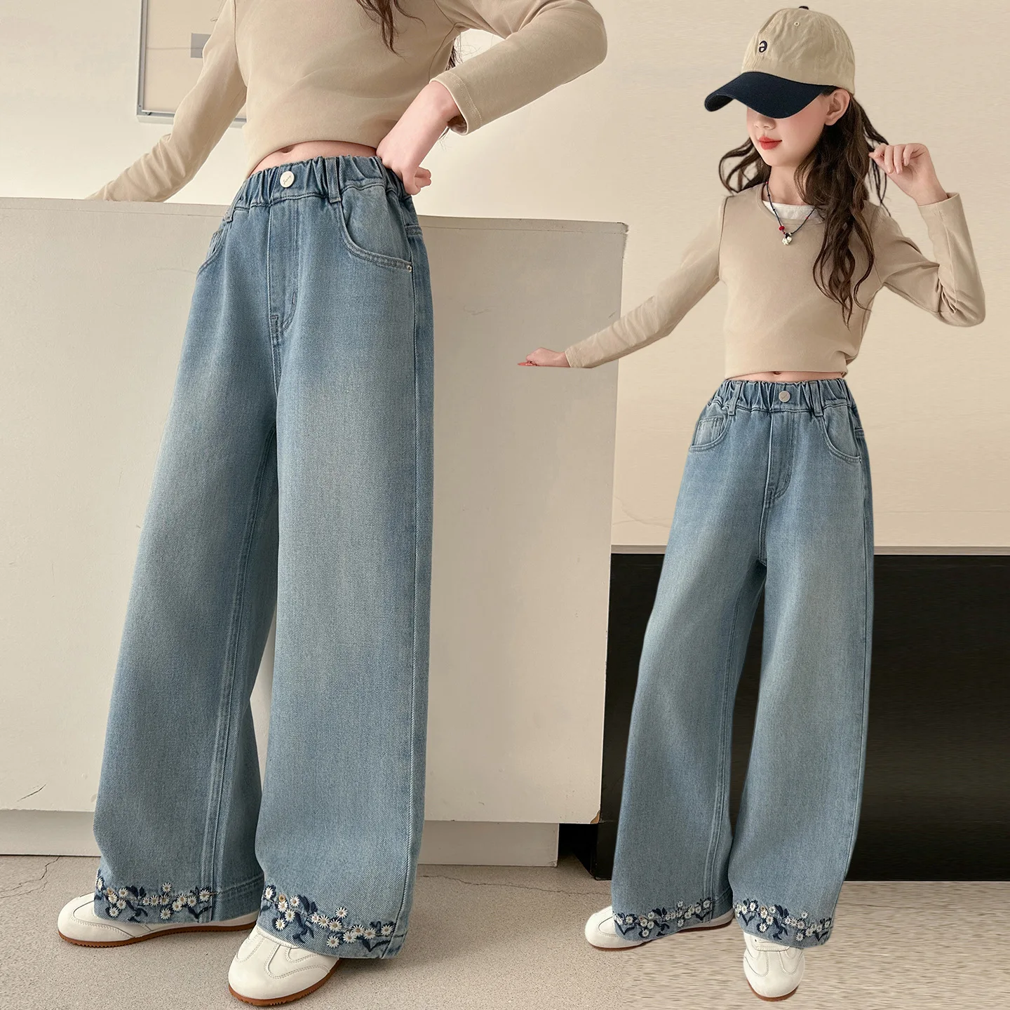 Girls Spring Autumn Jeans 2026 New Fashion Teens Children's Embroidered Flower Straight Leg Long Denim Pants Wide Leg Trousers