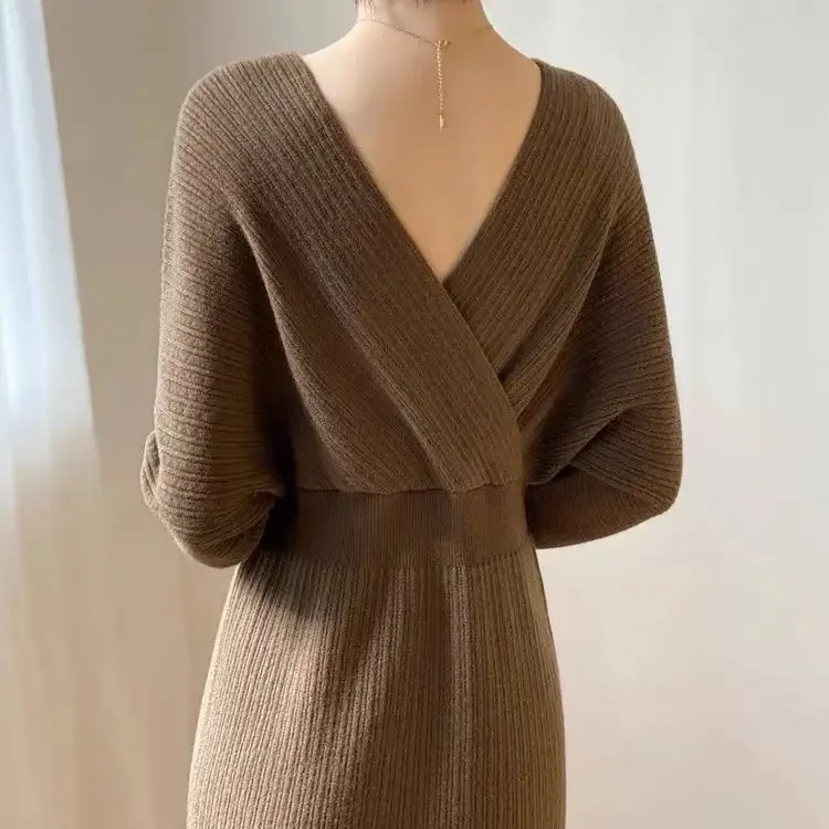 Knit Dress Women V Neck Crisscross Elastic Waist Wrap Hip Dresses Slim Fit Full Sleeve Thick Vestidos Elegant Autumn 2024