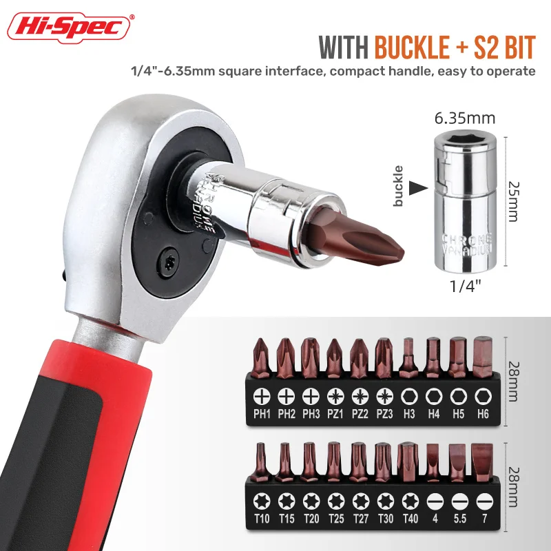 Hi-Chi Tiết Kỹ Thuật Mini 72 Răng Cờ Lê Bánh Răng 1/4 "-6.35MM 35 Ổ Cắm Pc Bộ Cờ Lê Có Rãnh Chéo bộ Lục Giác Sao Vít Bộ Đỏ
