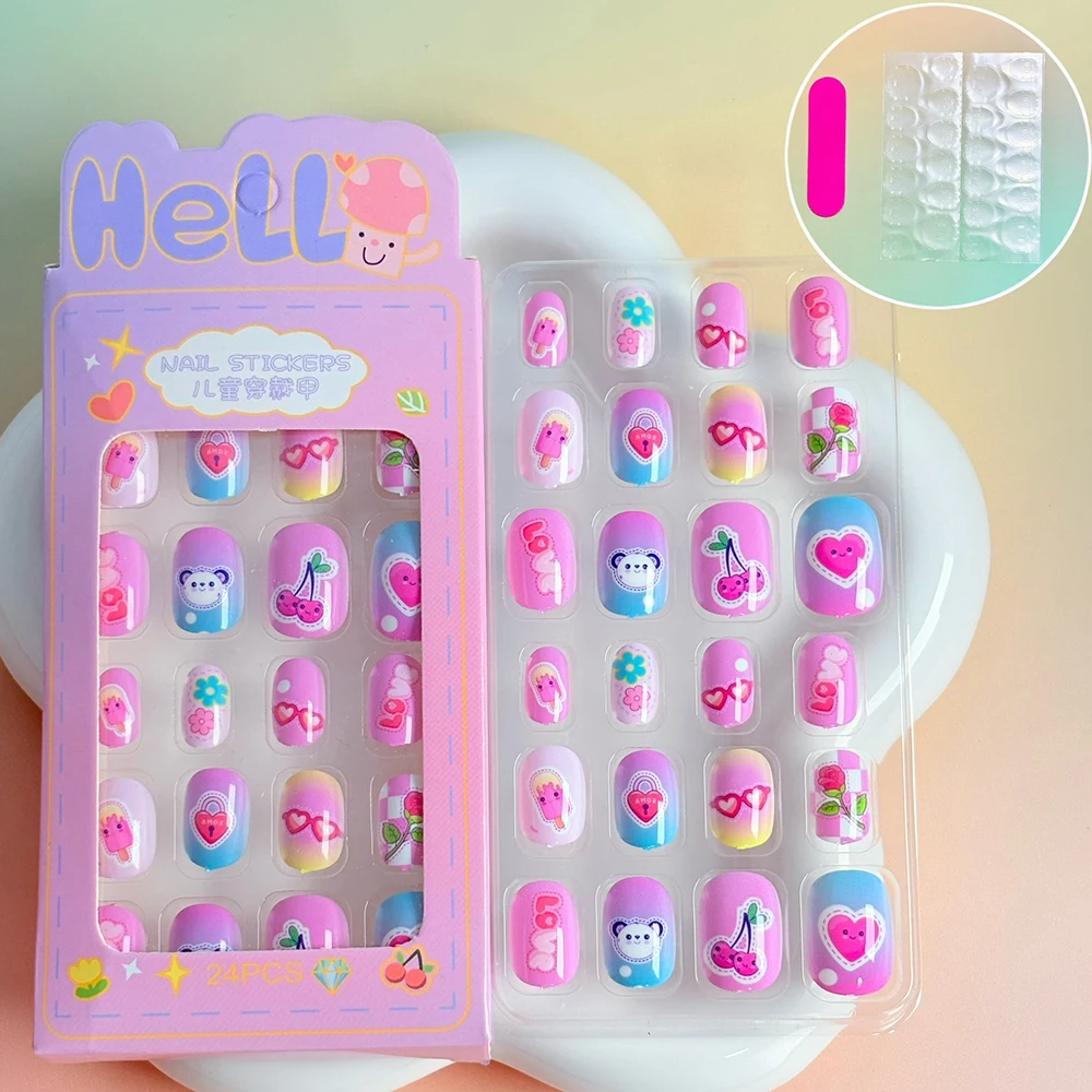 24枚入り/箱 可愛い赤いチェリーとイチゴ柄の子供用つけ爪 漫画風クマの子供用プレスオンネイル 女の子用装着可能なつけ爪