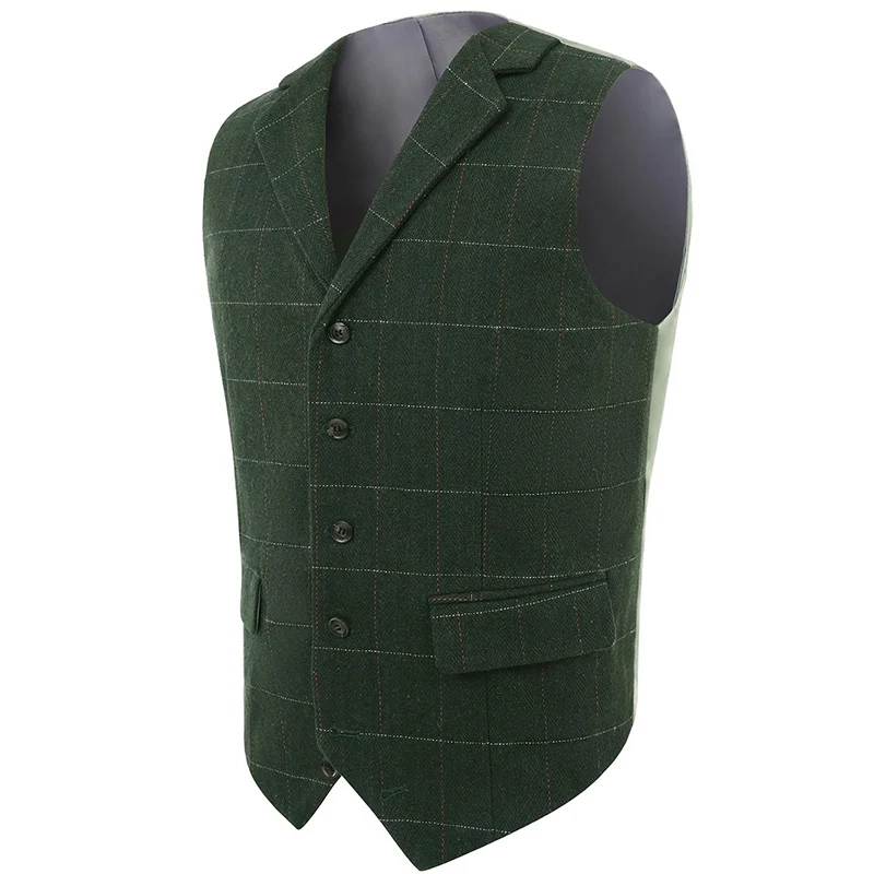 

Men's Vest Army Green Plaid Slim Fit Formal Waistcoat Tailored Collar Single Breasted Retro Tooling Waistcoat for Wedding