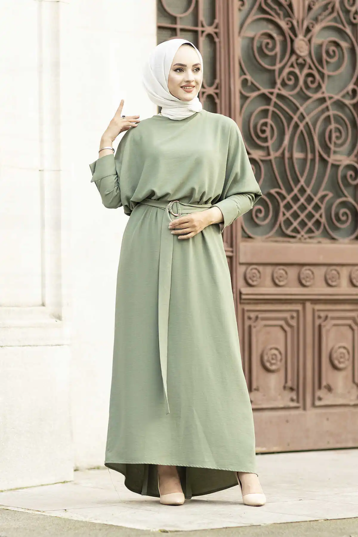 Bat Sleeve Dress Ferace SAG- Mint Winter Autumn 2021 Muslim Women Hijab headscarf Islamic Turkey