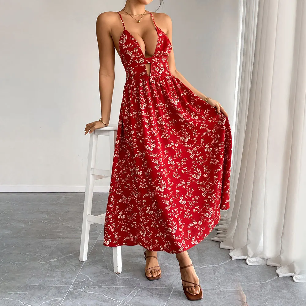 NOVEDAD DE VERANO 20225, vestido Retro francés con cuello en V para mujer, vestido de tirantes, moda dulce Floral, vestidos largos adelgazantes para mujer