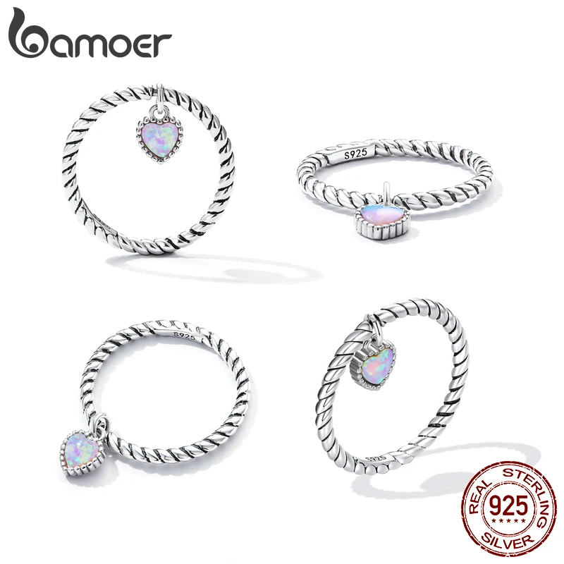 Bamoer Opal Heart Women Ring 925 Sterling Silver Vintage Simple Twist Ring Size 6 7 8 Eternity Band Fine Jewelry Wedding Gift