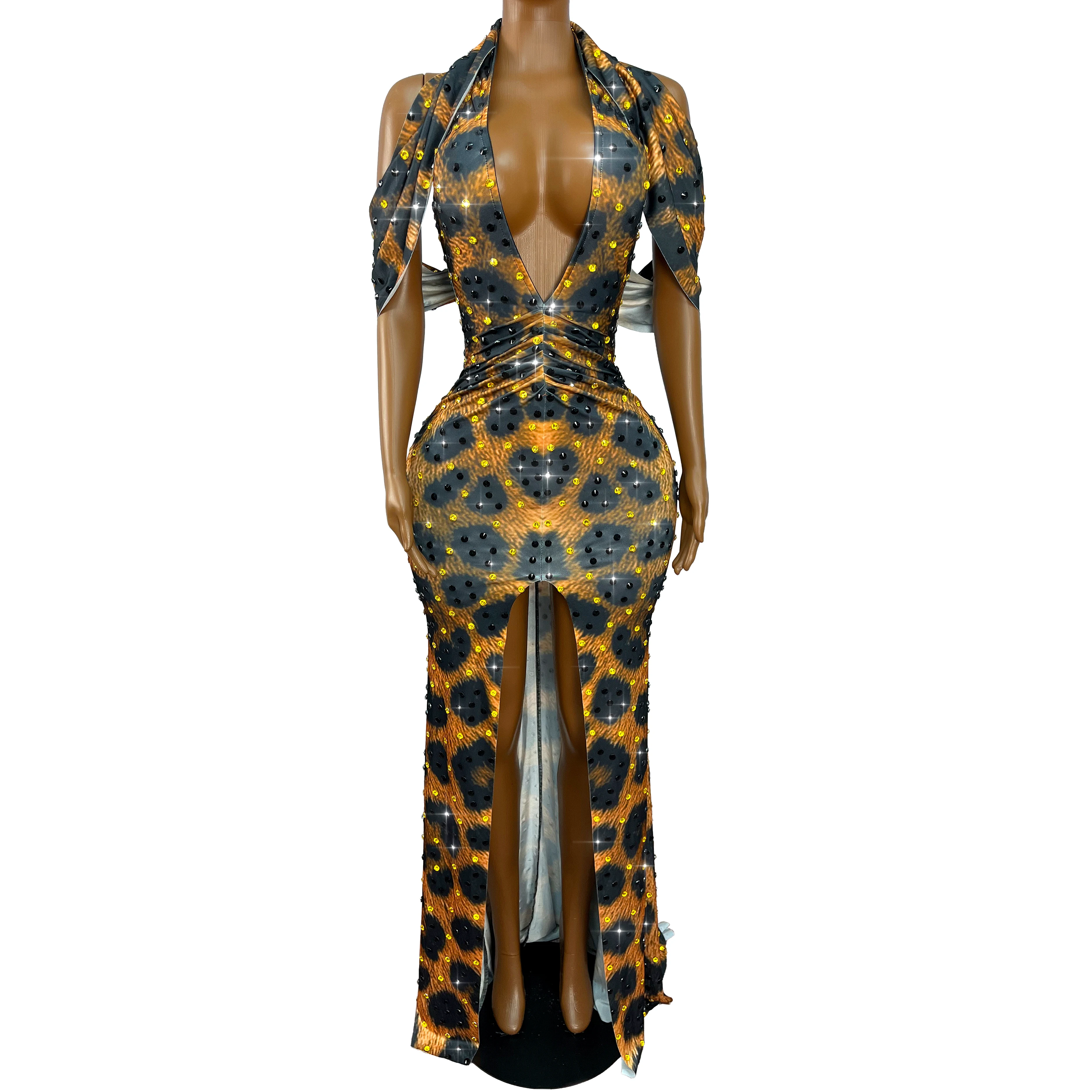 High-end Shining Rhinestones Leopard Print Sexy V-neck Tippet Dress Women Evening Party Gown Red Carpet Show Stage Outfit Baozha view 2