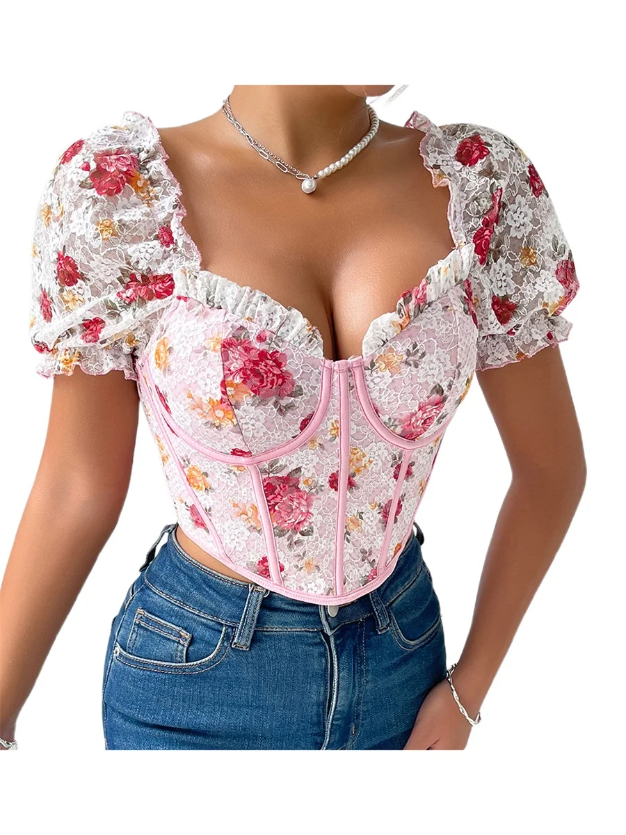 Women's Lace Crop Tops Short Sleeve Sweetheart Neck Floral Print Slim Fit T-Shirts Aesthetic Clothes