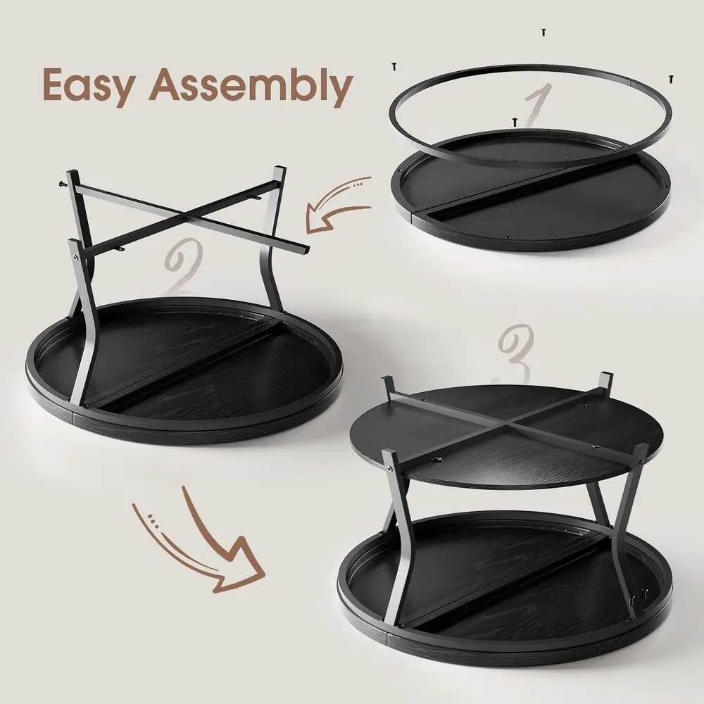 インダストリアルモダン2段ラウンドコーヒーテーブル、厚みのある木製トップ、メタルフレーム、31.5ブラック