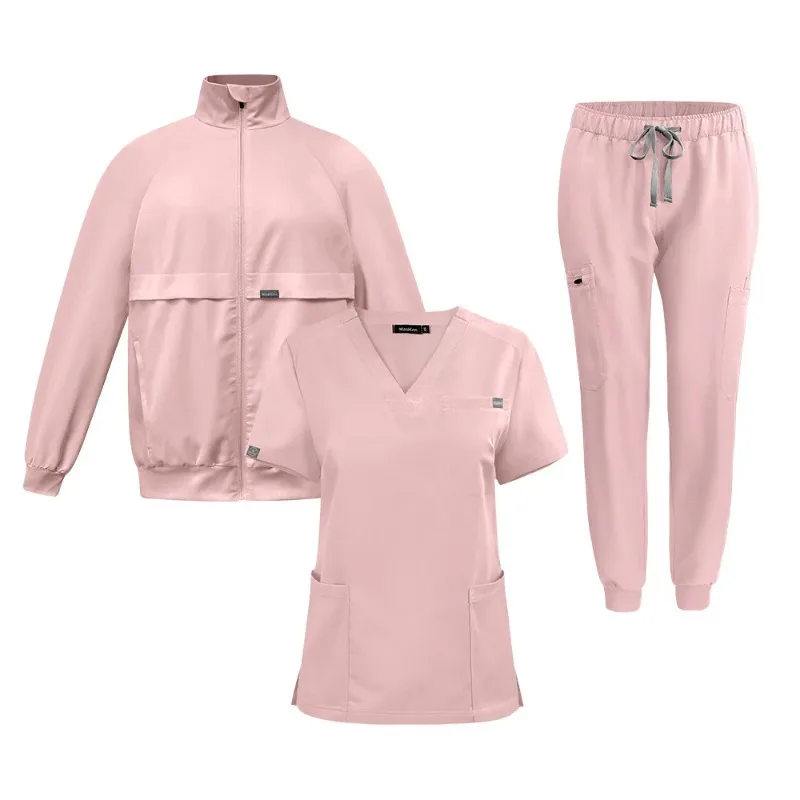 V-neck Wash Robe Three Piece Set, Short Sleeved Inner Layer+long Pants+long Sleeved Jacket, Nursing and Medical Work Clothes