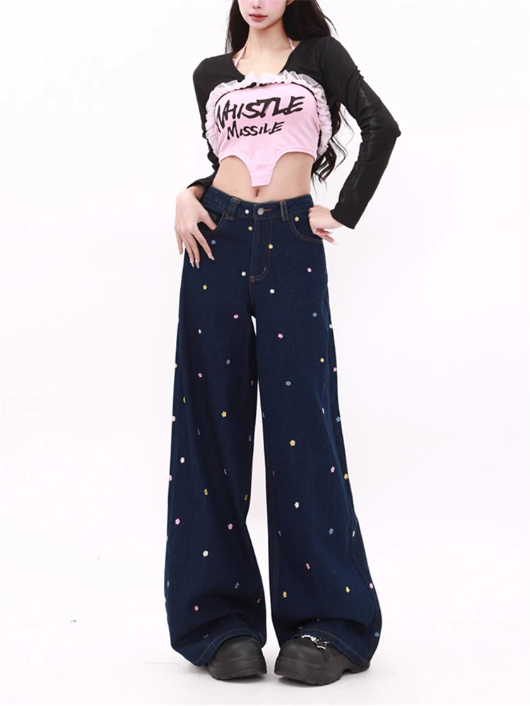 Women's Wide Leg Flower Embroidery Pattern Baggy Jeans Vintage Streetwear Cool Girl High Waist Pant Female Casual Denim Trousers