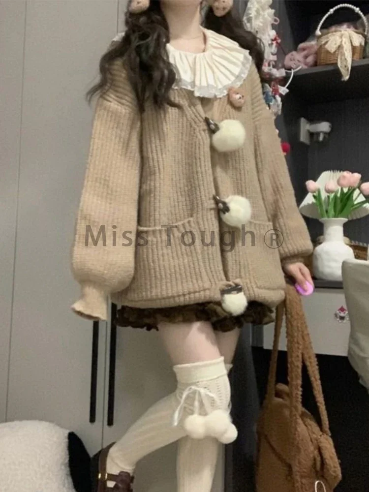 Winter France Vintage Loose 2-piece Set Women Fashion Cute Solid Long Sleeve Knit Sweater + High Waist Ruffle Thin Skirt Suit