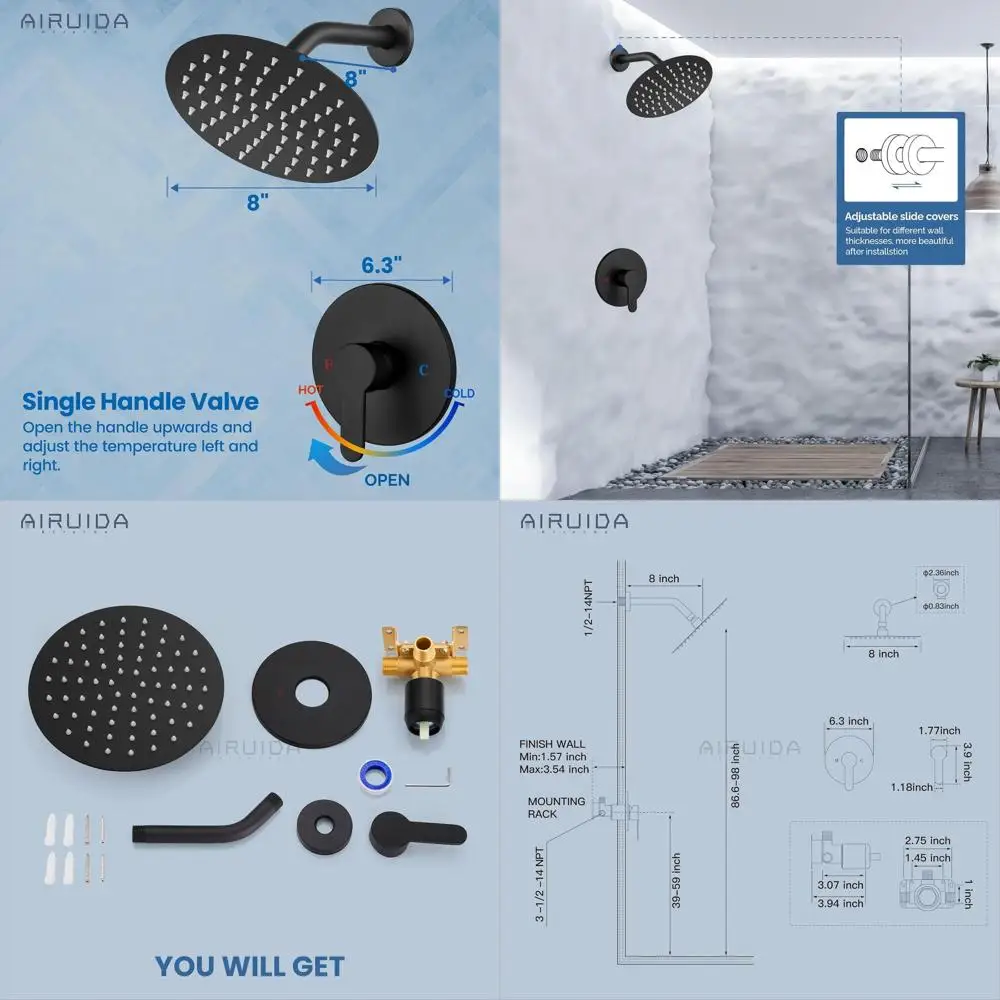 

8 Matte Black Rain Shower Head Set with Stainless Steel Single Handle and Wall-Mounted Shower System