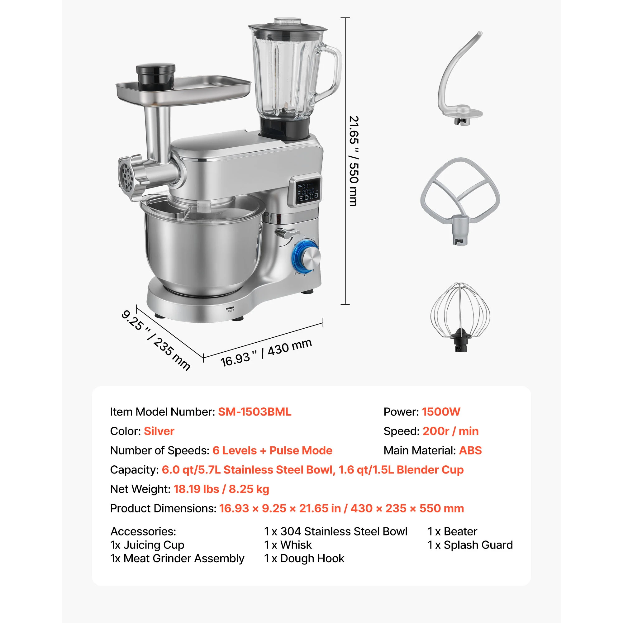 SucceBuy 5,7/6/7,8L Staande Mixer Elektrische Keukenmixer 1500W Deegmixer, 6+P Snelheden Kantelbare Voedselmixer met 1,5 L Blenderbeker