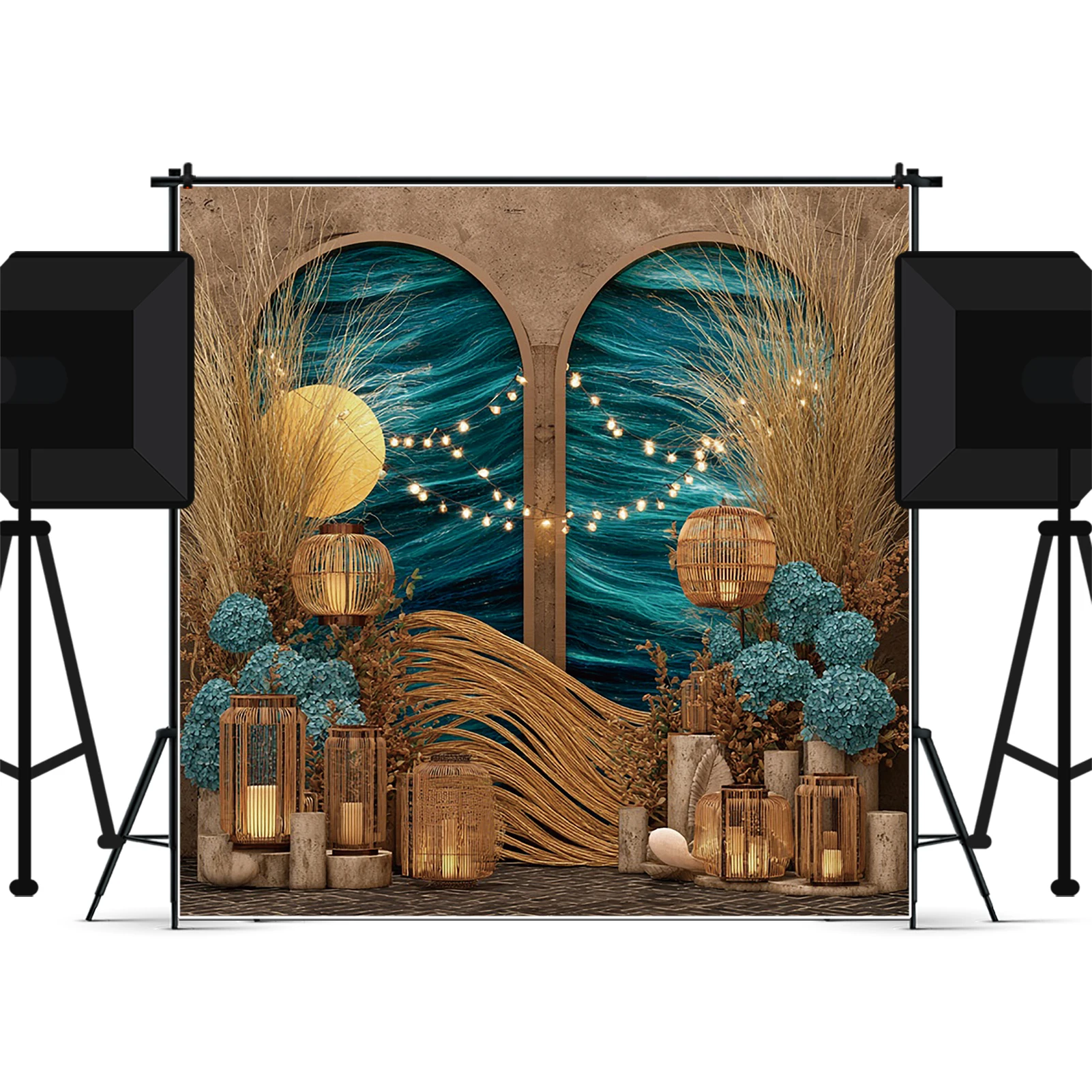 MOON.QG Boho Draping Flowers Backdrops For Photography Pampas Grass Arch Curtain Backgrounds Photocall Shooting Party Supplies #5