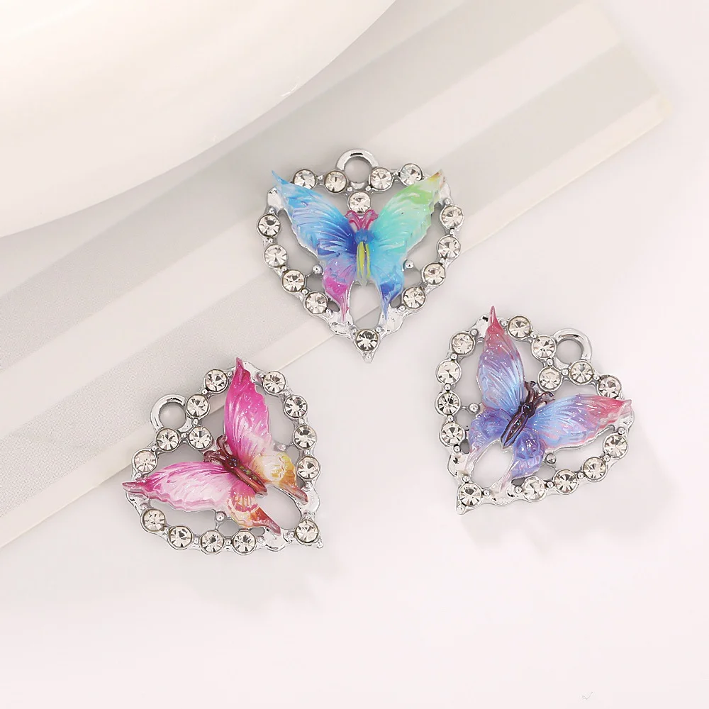 10pcs Alloy Mixed Color Butterfly Heart Rhinestone Charms Pendant For Diy Making Necklace Pendant Jewelry Accessories