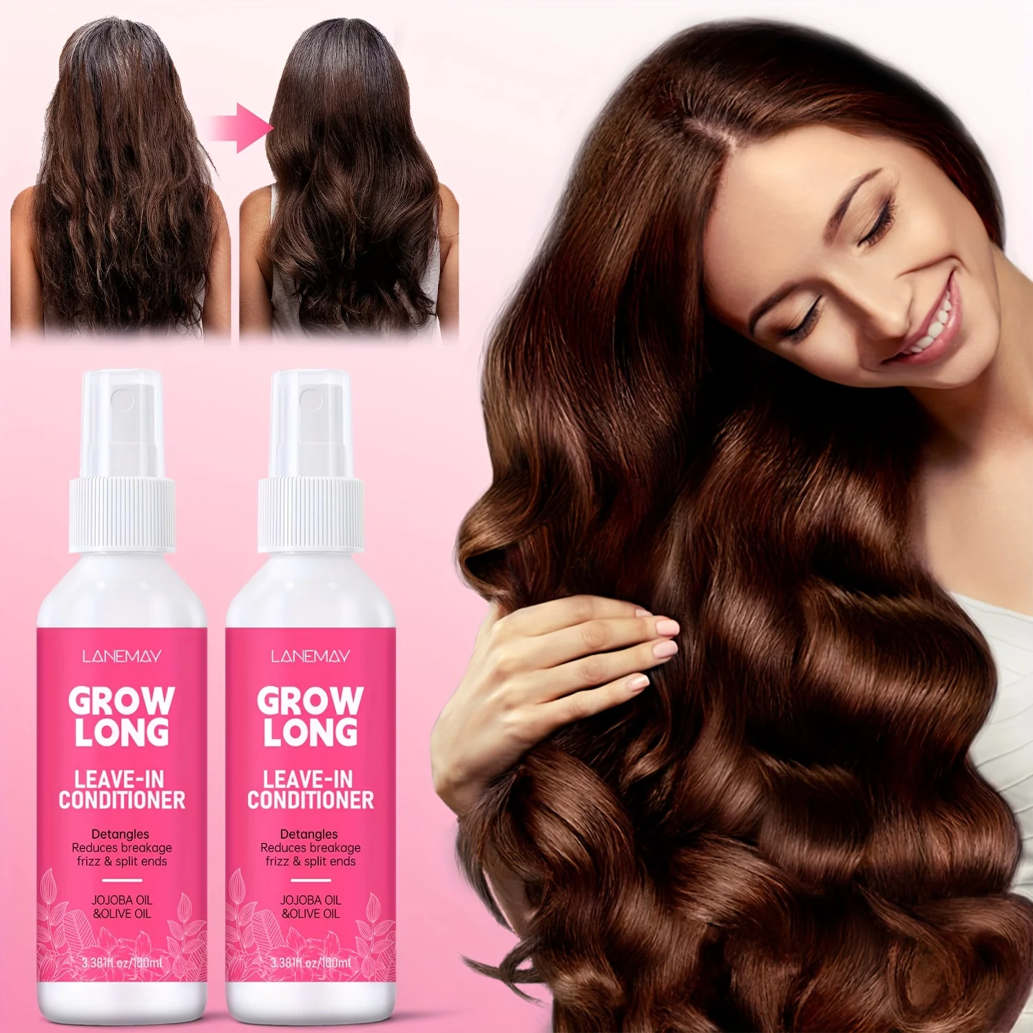 Grow Long Leave-In Conditioner Spray,Liquid Hair Detangler,Anti-Frizz Moisturizing Formula for Normal Hair Types, Promotes Shine