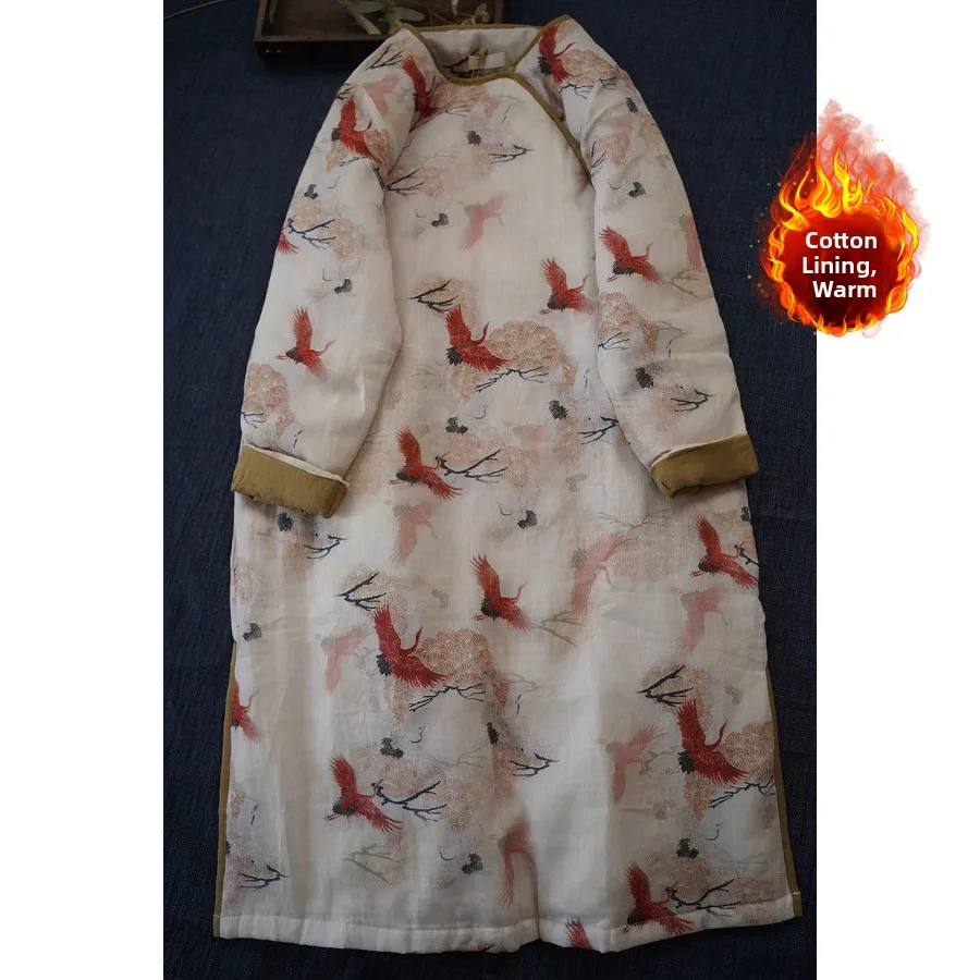 

Длинное зимнее платье из смеси хлопка с принтом китайского журавля в стиле ретро, большие размеры для женщин среднего и лет, традиционное Ципао...