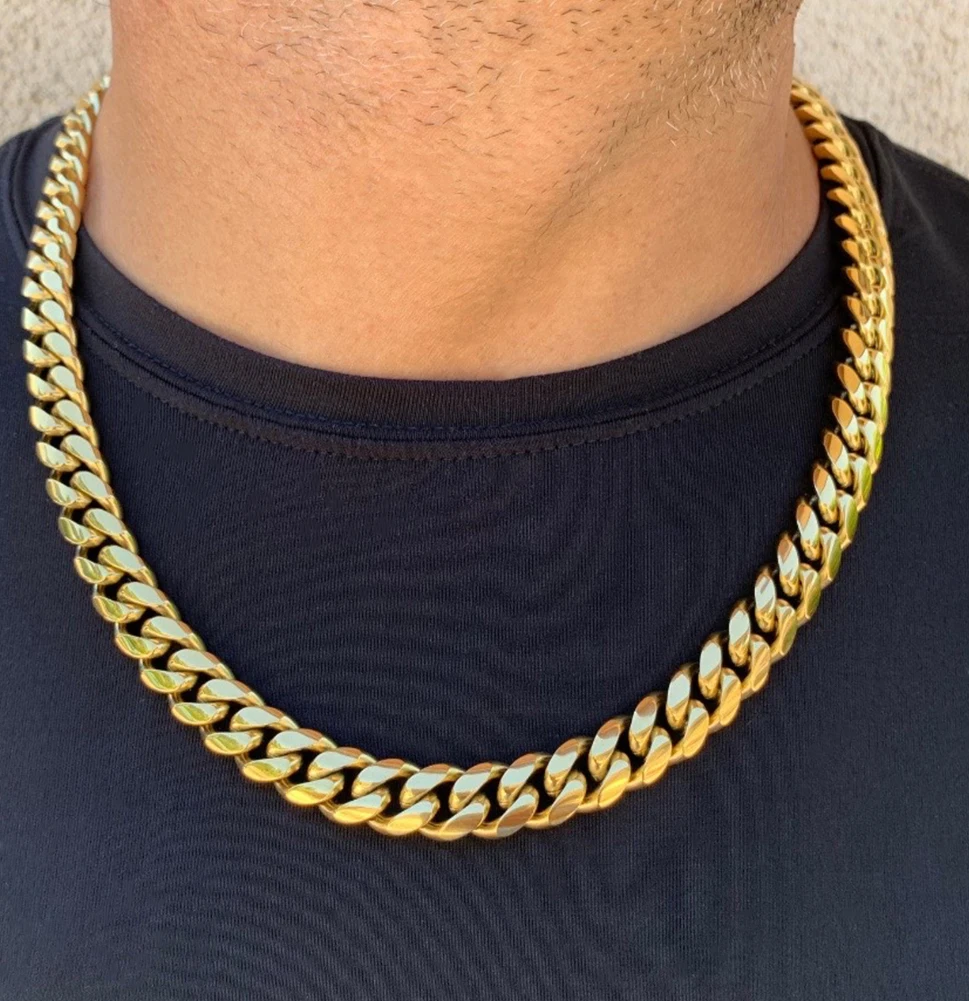 Hip Hop Golden Curb Miami Cuban Link Chain Necklace Bracelet For Men Women 13MM Chunky Metal Chain Cuban Necklace Set Jewelry