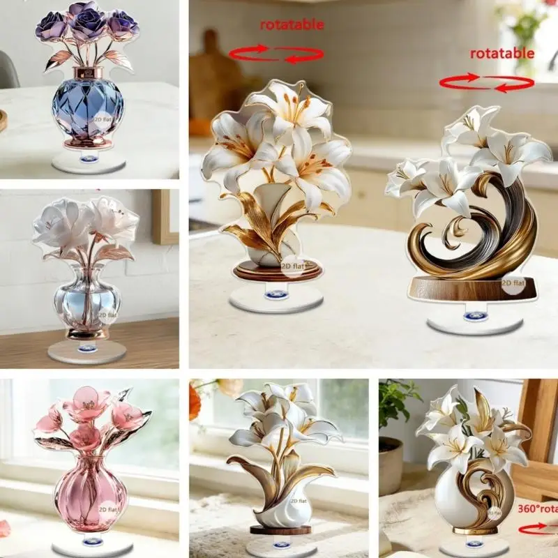 360 Degree Rotates Acrylic Art Piece Desk Display Ornament Blooming Flowers Optional For Table Decoration X3UC