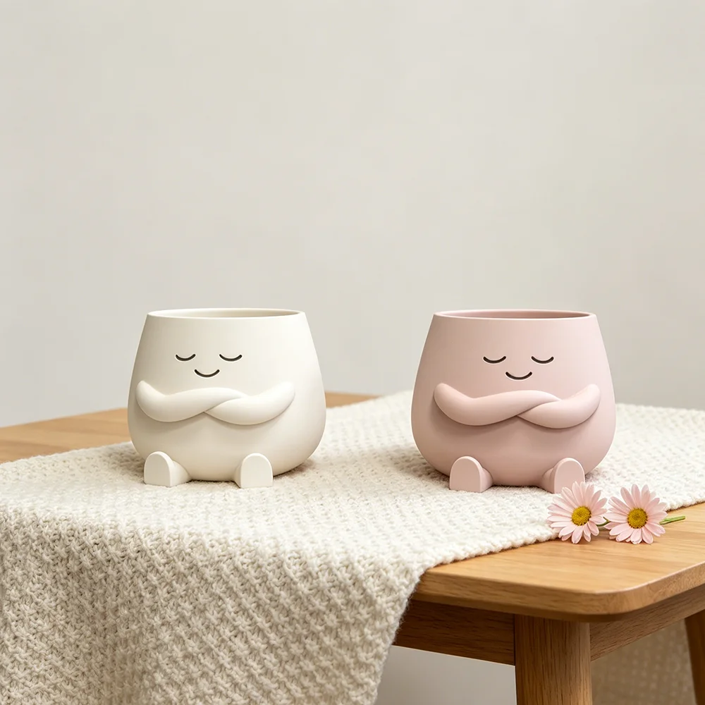 3D Cute Smiling Face Flower Pot Silicone Mold DIY Concrete Plaster Mould for Succulent Planter Pen Holder Home Decoration