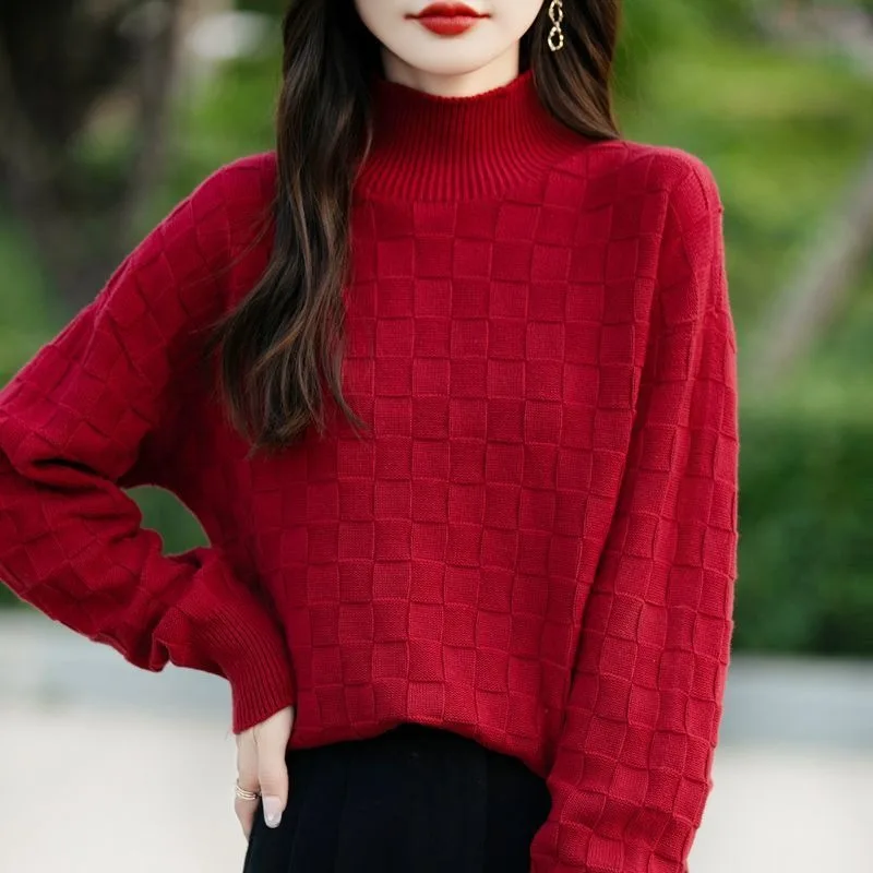 Half High Neck Knitted Sweater Women Diamond Shaped Sweater Loose Stylish Slimming Without Pillin Long Sleeved Base Shirt