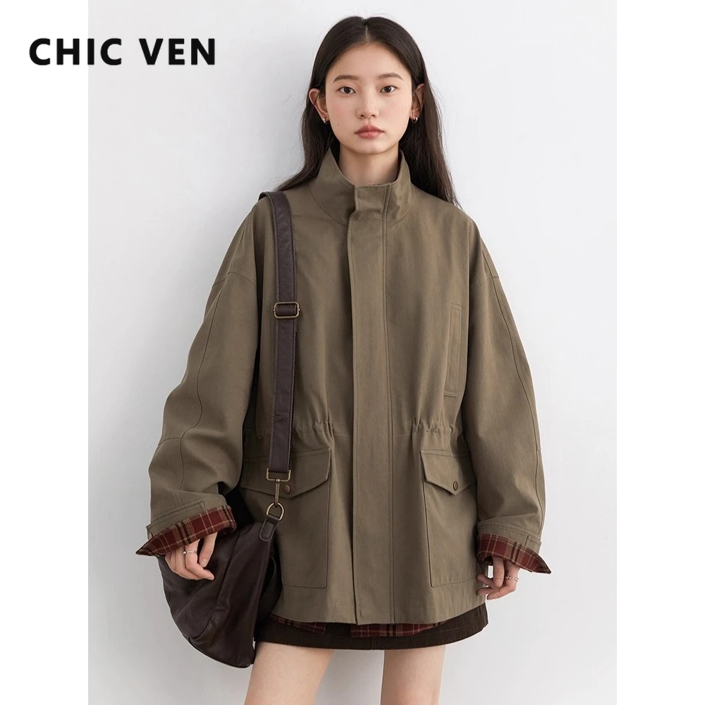 

Женские куртки CHIC VEN, свободные повседневные текстурированные однотонные хлопковые короткие пальто средней длины с воротником-стойкой, ветрозащитное весна-осень 2025