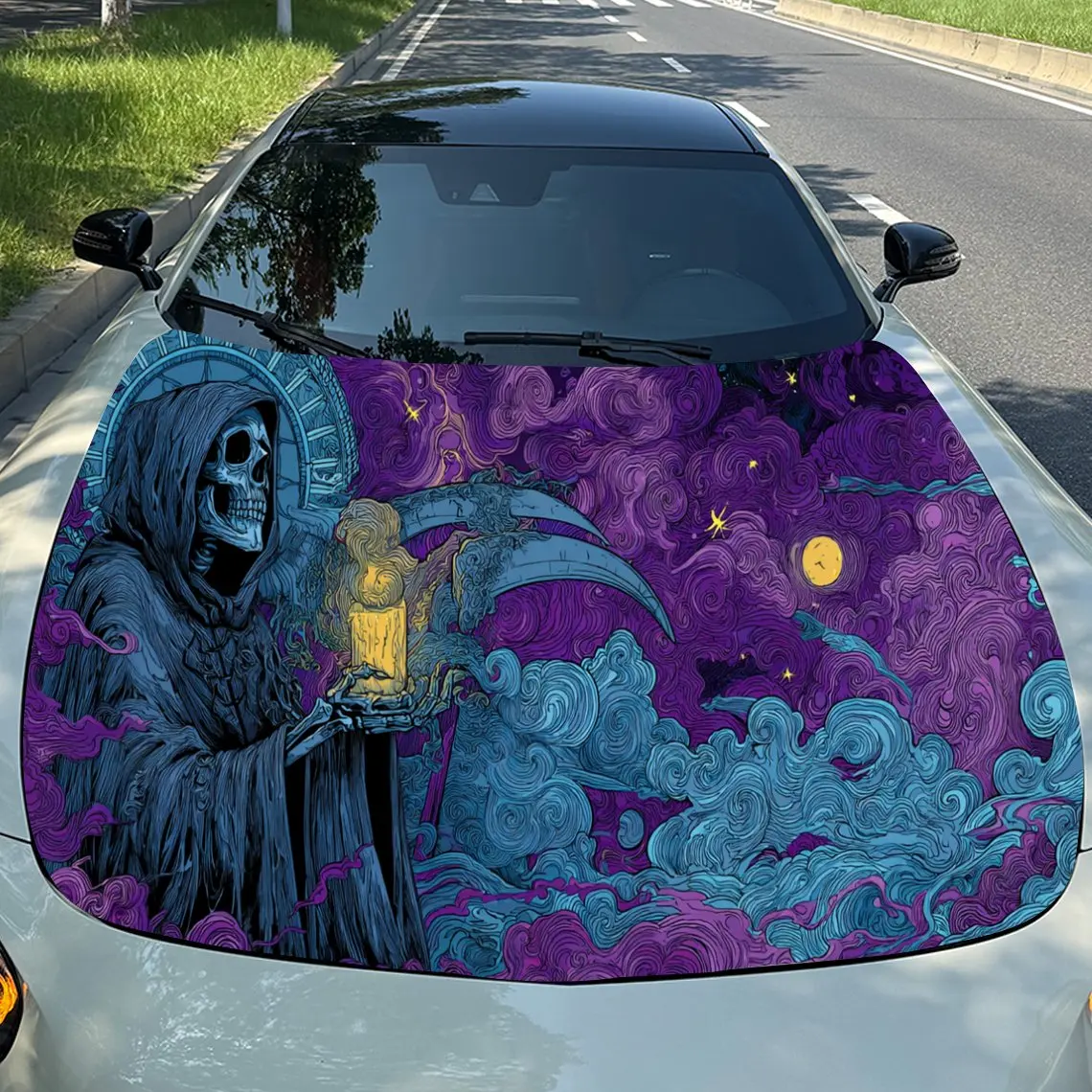 

Cosmic Grim Reaper and Clouds Car Cover Sticker, Auto Hood Decal, Car Exterior Scratch Resistant Decal, Trendy Gift for Car Love