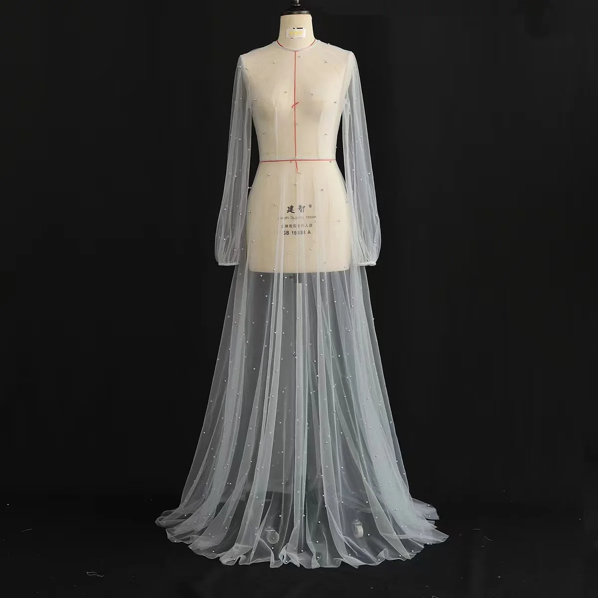 Bridal Luxury Robe Pearl Long Sleeve Wedding Jacket Star Lace Tulle Party Shawl Floor-Length Bridal Cape Sexy Robe