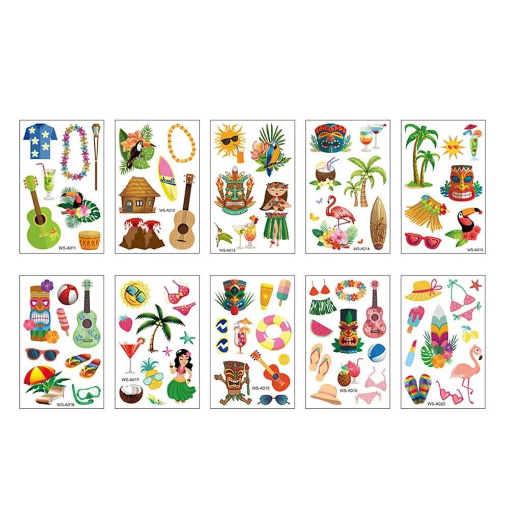 

Набор из 10 листов водонепроницаемых временных татуировок для детей: веселые наклейки для вечеринок, безопасные, в гавайском стиле, мультяшные, морские, одноразовые