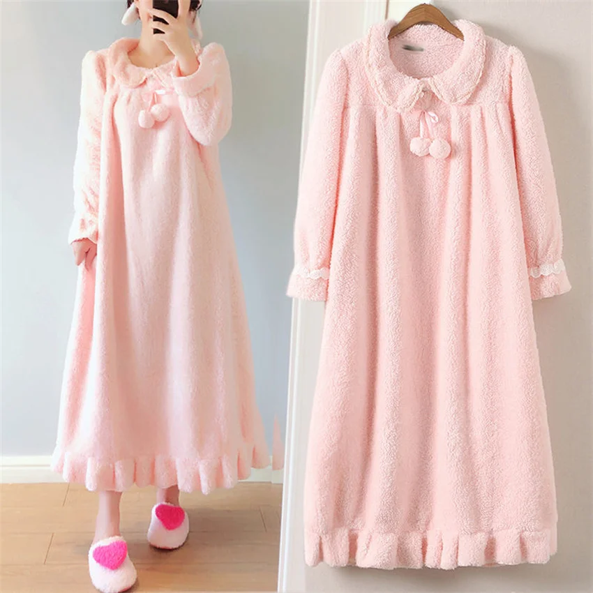 Autumn Winter Women Long Sleeve Nightgown Pink Flannel Nightgowns Girls Night Dress Sleepwear Cute Princess Coral Fleece