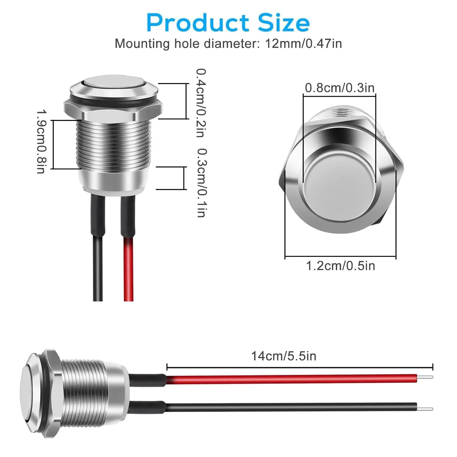 10PCS 12mm Momentary Push Button Switch, Mini Round Pushbutton Switches with Pre-Wired, Waterproof, for Car Boat view 2