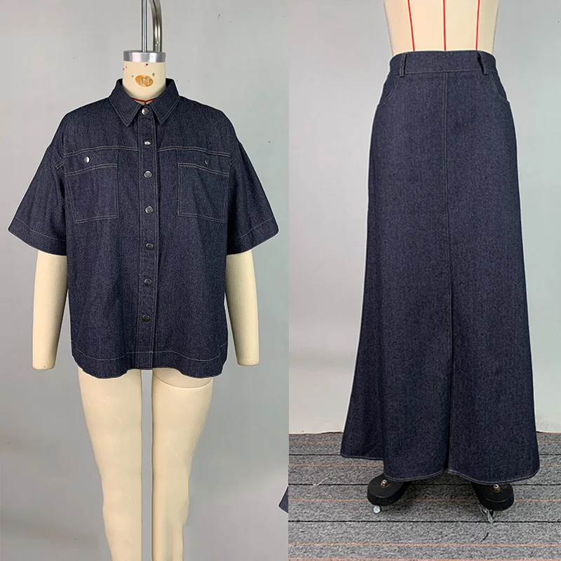 Gymystar 2 pièces ensemble pour femme Imitation Denim chemises et jupes mode d'été hauts à revers ample sans ceinture jupe à glissière tenue femme