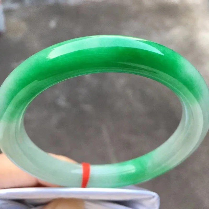Natural Burmese , round bar, genuine ice-waxy jade, bright green with floral patterns, jadeite bracelet for