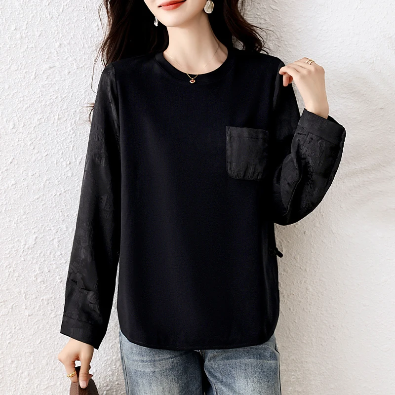 

Long Sve T-irt plus Size Floral Embroidery Satin Base New Chinese Sle Commute Artistic Fit Regular Length Women's irt