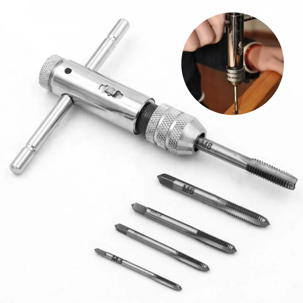 Female Set 5pcs Male To Make Thread Screw T-handle Screw Tap Ratchet Taps M3 , M4 , M5, M6,M8 with Spanner Wrench Drift Holder