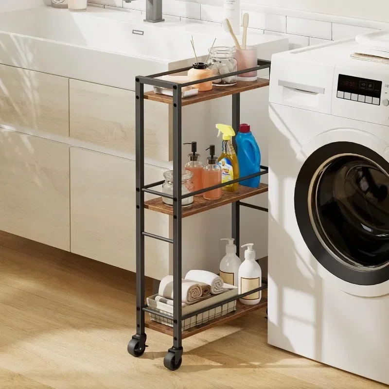 

Mobile kitchen cart with wheels, narrow storage cart for small spaces, suitable for bathroom, laundry room, living room