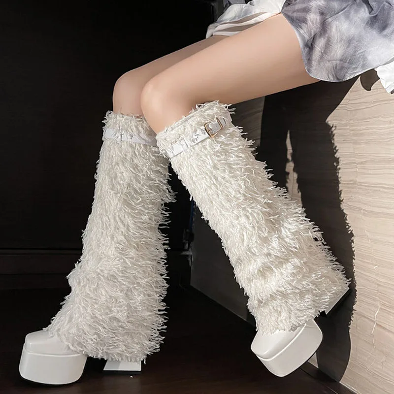 

Plus Size 46 Big Leg Fit Fluffy Fur Overlay Shoes Women High Block Heels Knee High Platform Boots Furry Folded Over Long Booties