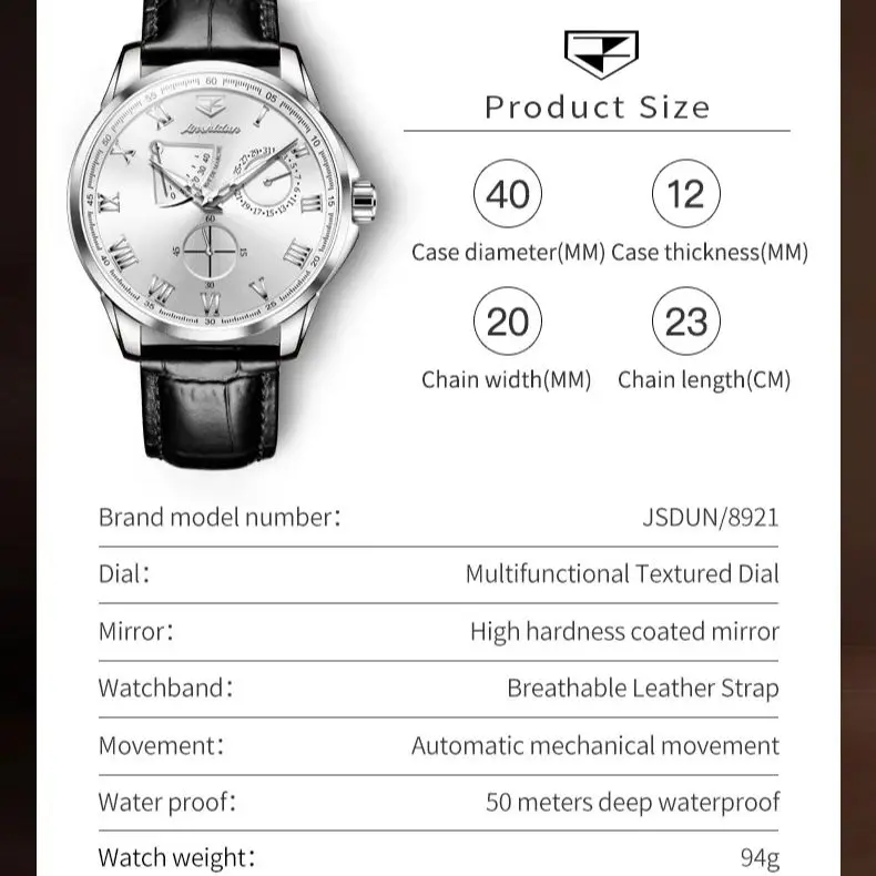 JSDUN Luxury Brand Automatic Machinery Men\'s Watch Classic Business Date Waterproof Sports 40 Hour Power Reserve Men\'s Watch