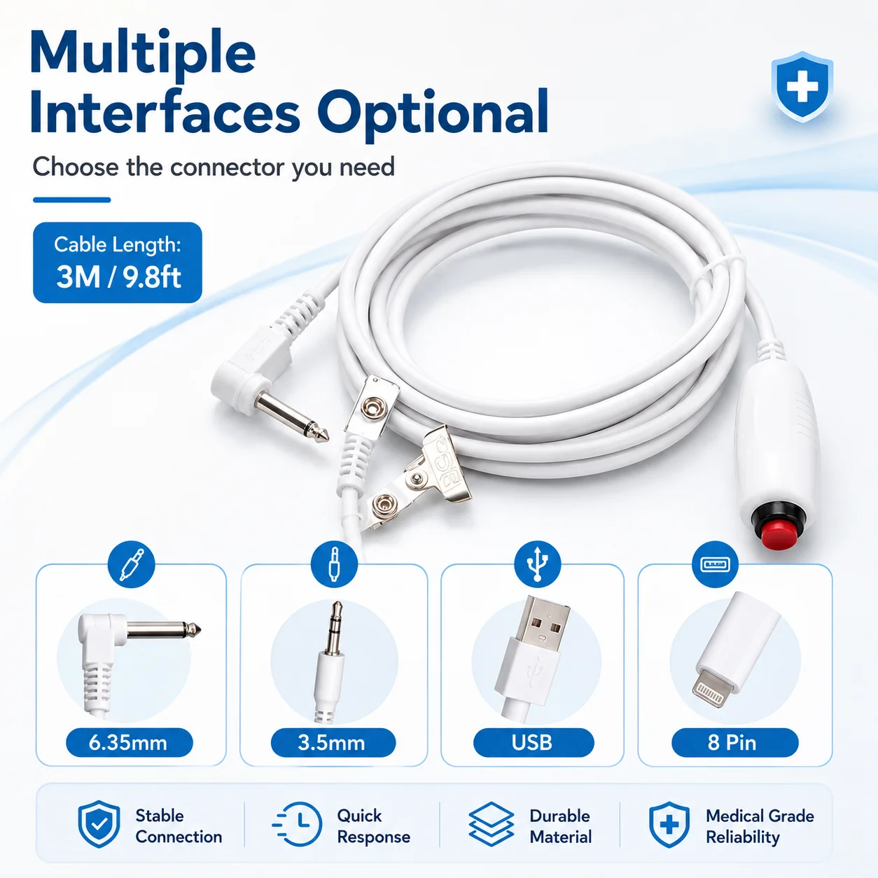 Emergency Nurse Call Cord Single Push Button Patient Call Cable 3M with Metal Clip Multiple Connector 6.35mm 3.5mm USB 8Pin