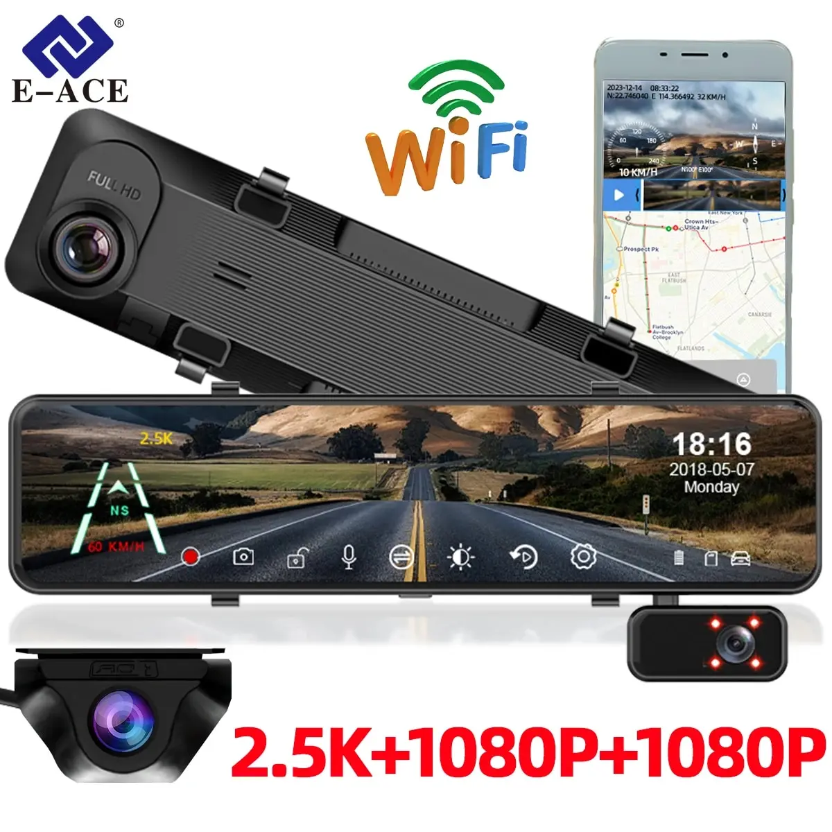 Автомобильный видеорегистратор E-ACE, разрешение 1080P, видеорегистратор с ночным видением, зеркало заднего вида