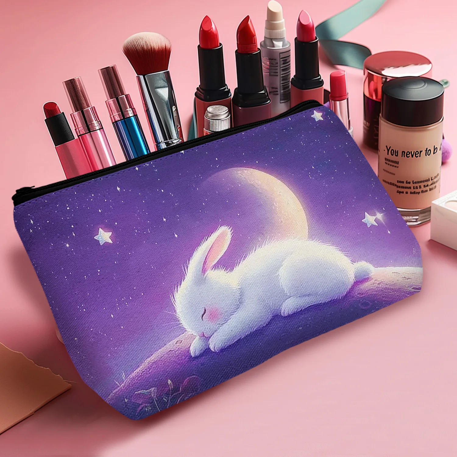 1Pc Charming Bunny And Moon Fashion Cosmetic Bag Durable Multifunctional Zipper Portable Women Cosmetic Bag Suitable For Daily