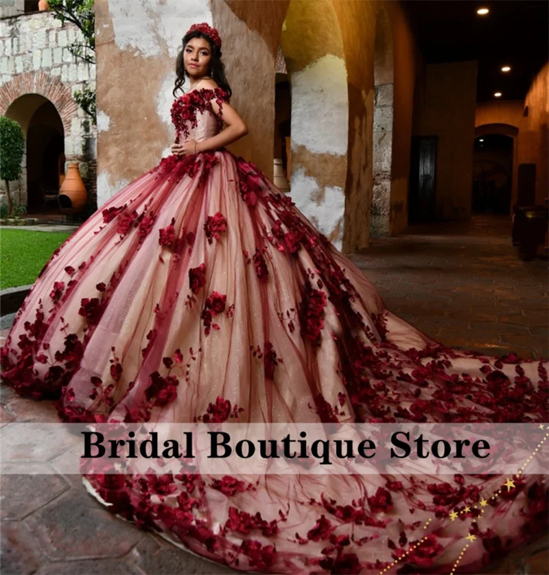 

Burgundy 3D Flowers Princess Quinceanera Dresses 2024 Beading Pearls Appliques Off Shoulder Sweet 16 Dress Vestido De 15 Años